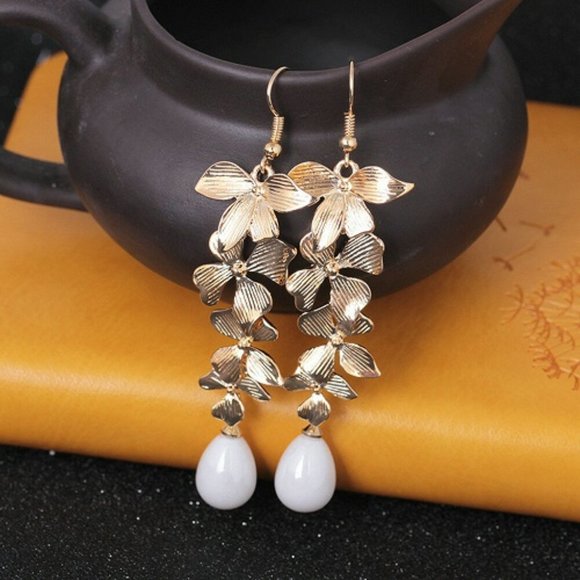 Elegant Gold Tone Orchid Drop Dangle Earrings - Picture 5 of 5